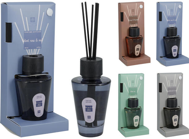 Duftolje 200ml med 6 pinner 4ass Forpk 12stk m/tester 10% duft 