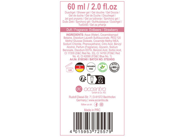 Dusjsåpe 60ml m/pom-pom Duft:Jordbær Display 18st Vegansk Uten parabener/SLES 