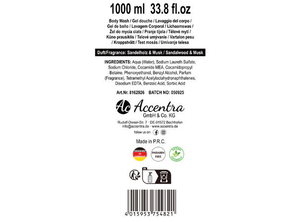 Dusjsåpe flaske m/pumpe 1000ml Sandal & Musk Vegansk Uten paraben/SLES 