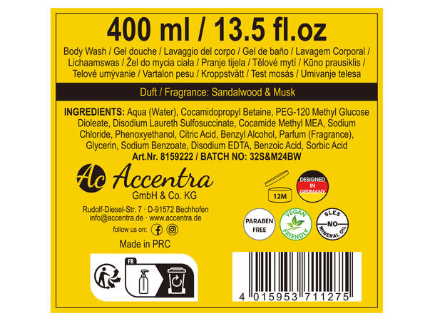 Dusjsåpe i Oljetønne m/pumpe 400ml Sandal & Musk Vegansk Uten paraben/SLES 