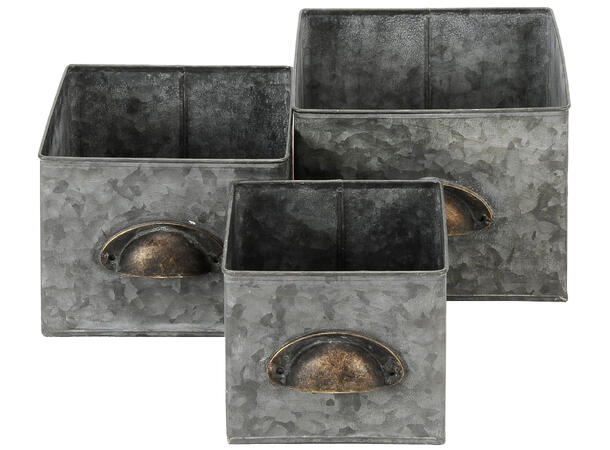 Firkantet skuff av sink s/3 14x13x12cm 18x16x13cm 21x19x14cm 