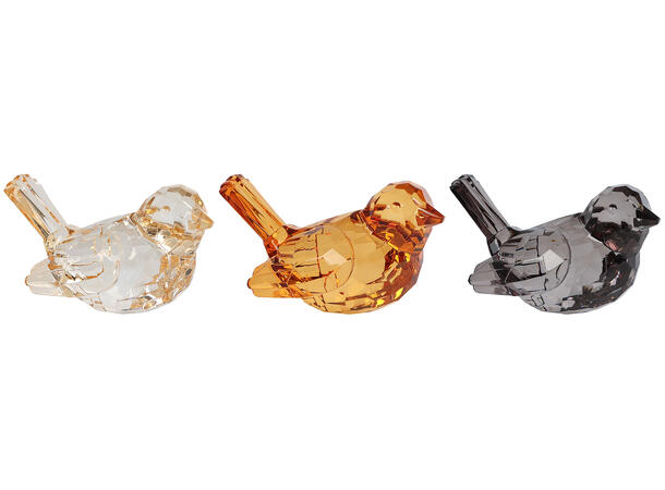 Fugl amberfarget akryl 8,5x5,5x5cm 3asx Forpk 18stk 