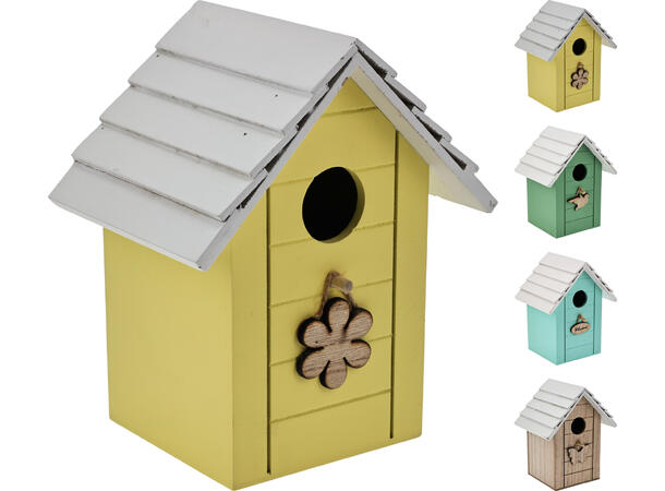 Fuglehus pastell MDF 14x11x17cm 4ass Forpakning 12stk 