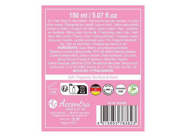 Gavesett 3-i-1 Hår-kropp-håndsåpe metall Vegansk Uten parabener/SLES m/roseduft 