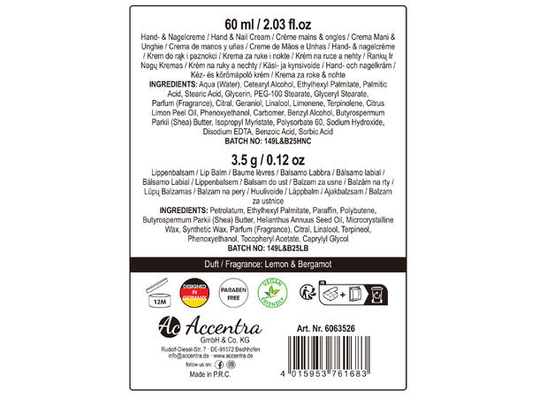 Gavesett Hånd/neglkrem leppepomade Lemon Vegansk Uten mineralolje og parabener 