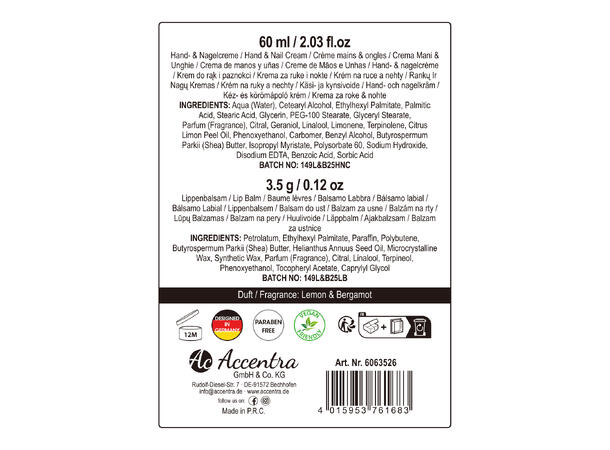 Gavesett Hånd/neglkrem leppepomade Lemon Vegansk Uten mineralolje og parabener 