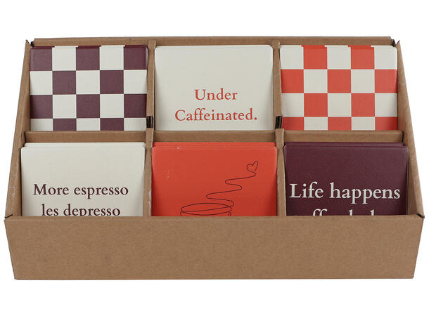 Glassbrikke Coffee keramikk 10x10cm 6ass Display med 36 stk 