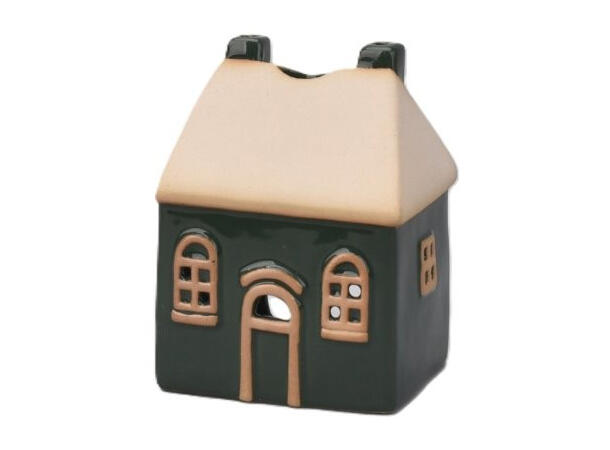 Hus grønn keramikk m/hvit 7,4x5,9x9,6 cm Til telys og led telys 