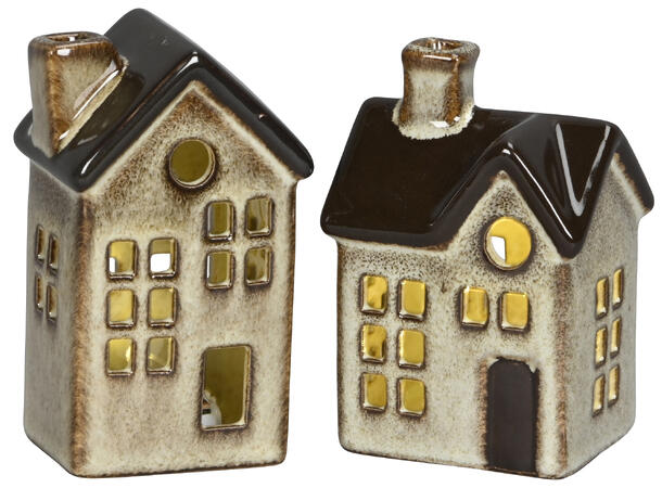 Hus m/LED keramikk krem m/brun 2ass Forpk 6stk 6x5x10,5cm 6,5x5x9,5cm 