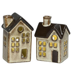 Hus m/LED keramikk krem m/brun 2ass Forpk 6stk 6x5x10,5cm 6,5x5x9,5cm