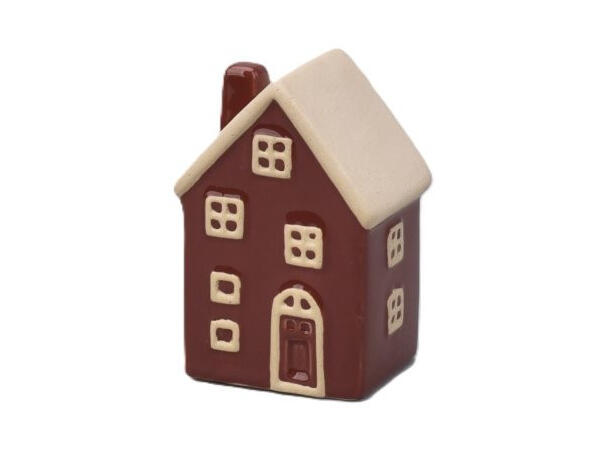 Hus rød keramikk m/hvit 6,7x4,6x8,5cm Til telys og led telys 