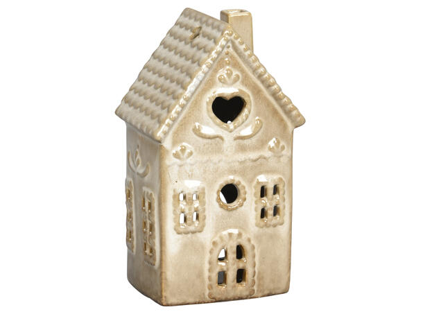 Hus telys antikkbrun keramikk 9x8x16cm 