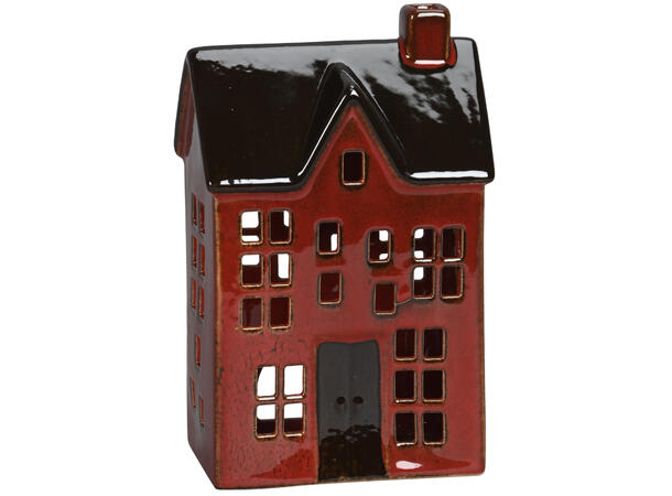 Hus telys keramikk rød m/brun h:21,5cm 13,5x9x21,5cm 