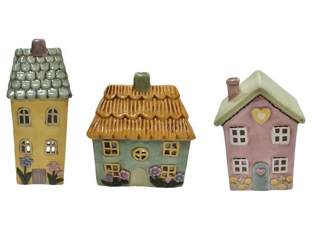 Hus til telys blomstret 12x9,5x16cm3ass Keramikk 