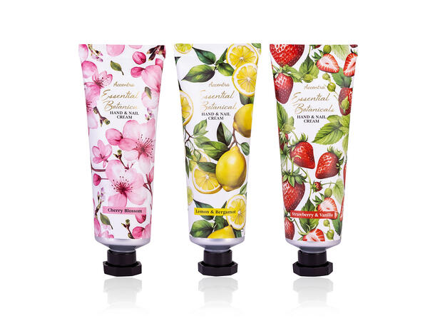 Hånd-neglkrem 60ml tube 3ass dufter Display 18 stk Vegansk U/mineralolje 