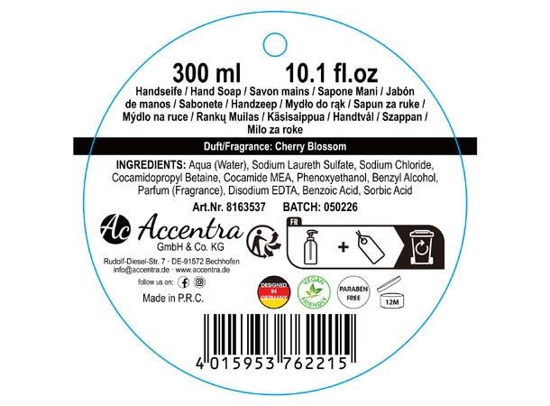 Håndsåpe pumpe 300ml Duft:Cherry Blossom Vegansk Uten parabener/SLES 