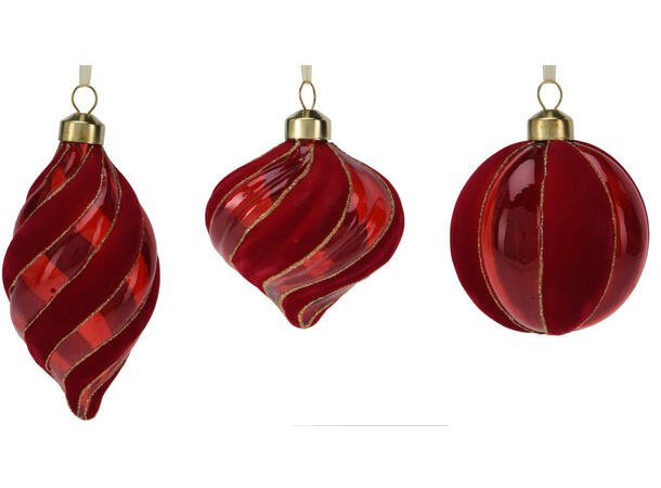 Julekule glass ornament rød 8cm 3ass Display 12stk Kule Løk Dråpe 