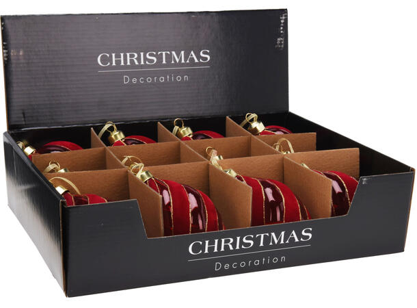 Julekule glass ornament rød 8cm 3ass Display 12stk Kule Løk Dråpe 