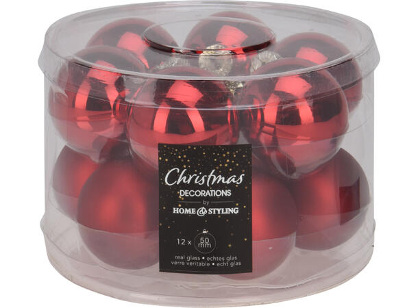 Julekule glass rød blank/matt 5cm 12stk Display 12pk PP 