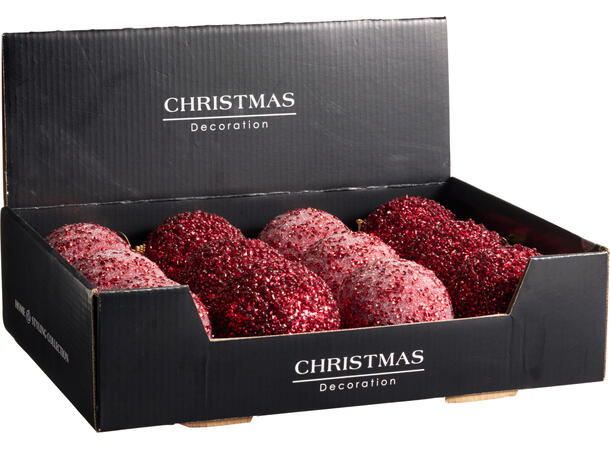 Julekule m/perler rød glass 8cm 2ass Display 12stk 