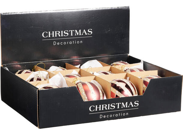 Julekule matt/shiny glass m/glitter 8cm Display 12stk 