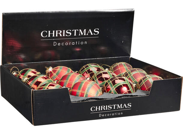 Julekule rød shiny/matt glass 8cm Display 12stk 