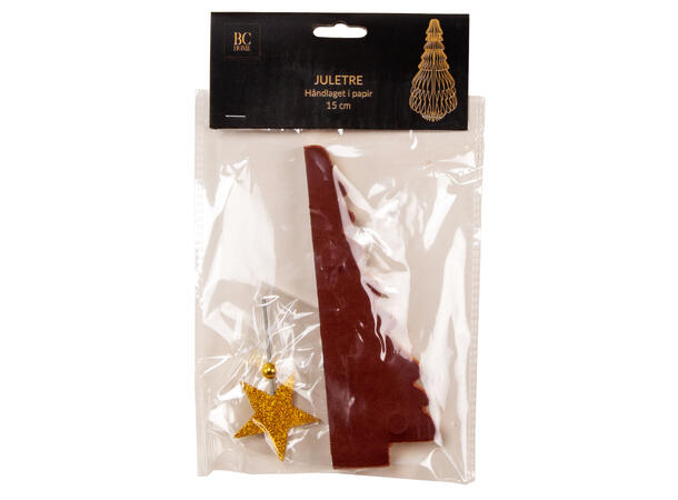 Juletre papir vinrød m/gull/stjerne 15cm 