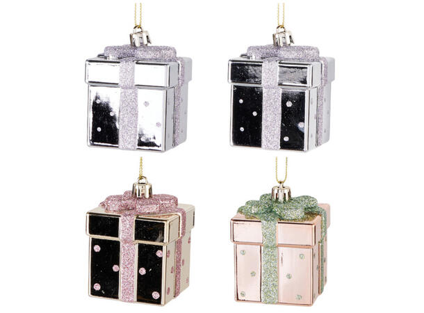 Juletrepynt gaveeske plast 5cm 4ass Display 75stk Hengedisplay 