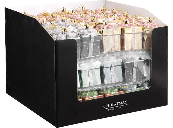 Juletrepynt gaveeske plast 5cm 4ass Display 75stk Hengedisplay 