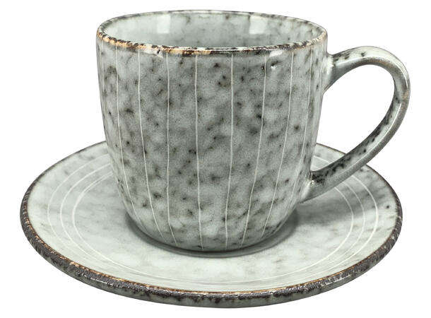 Kaffekopp m/fat beige stripet keramikk Kopp 8,5x7,5cm Fat 14x14x2cm Volum 0,18l 