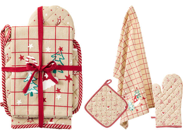 Kjøkkensett 3 deler jul bomull 3ass Grillvott Gryteklut Kjøkkenhåndkle 