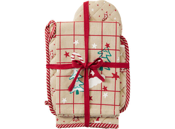 Kjøkkensett 3 deler jul bomull 3ass Grillvott Gryteklut Kjøkkenhåndkle 