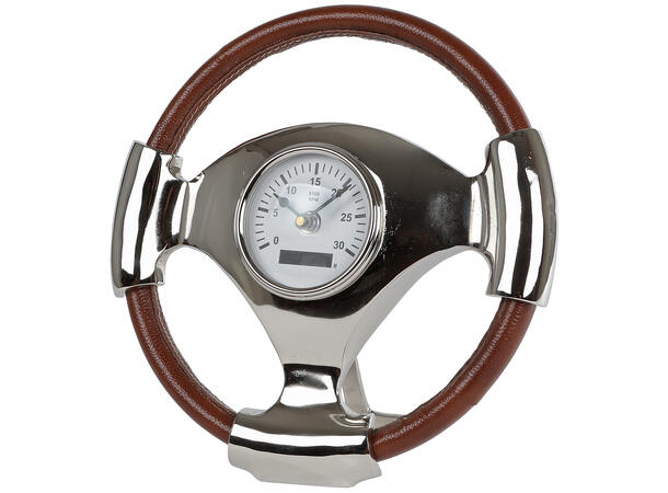 Klokke racerbil-ratt metall/PU 27x27x9cm Batteri: 1xAA 