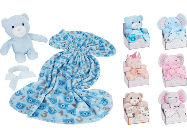 Kosedyr plysj 33cm m/fleeceteppe 6ass Str: 75x90cm 