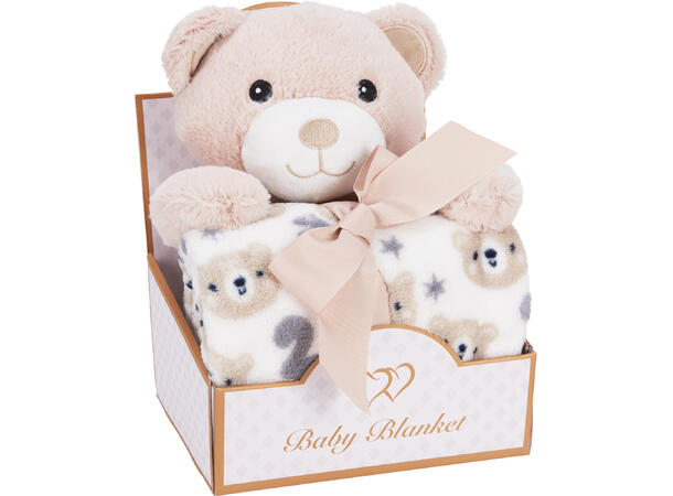 Kosedyr plysj 33cm m/fleeceteppe 6ass Str: 75x90cm 