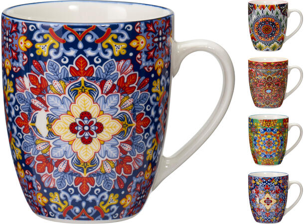 Krus mønstret porselen 8,7x10,5cm 4ass Forpk 12stk 350ml 