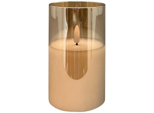 Kubbelys LED i amber glass 7,5x7,5x12cm Batteri: 2xAA. Timer 5t på/19t av 