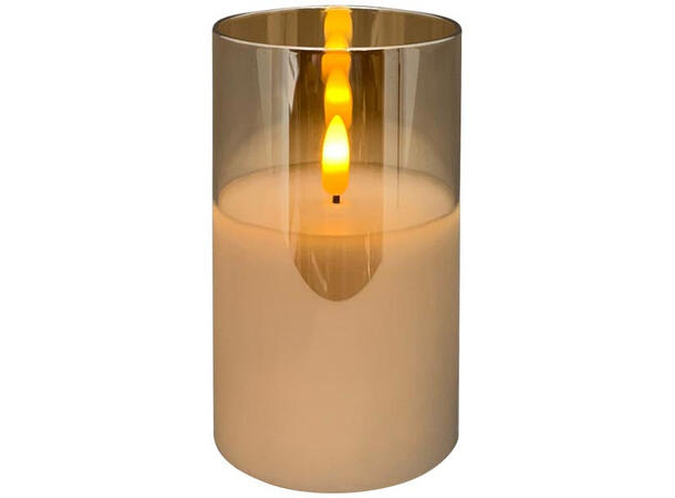 Kubbelys LED i amber glass 7,5x7,5x12cm Batteri: 2xAA. Timer 5t på/19t av 