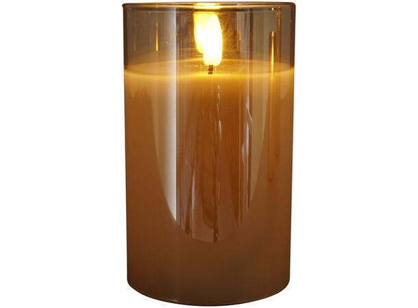 Kubbelys LED i amber glass 7,5x7,5x12cm Batteri: 2xAA. Timer 5t på/19t av 