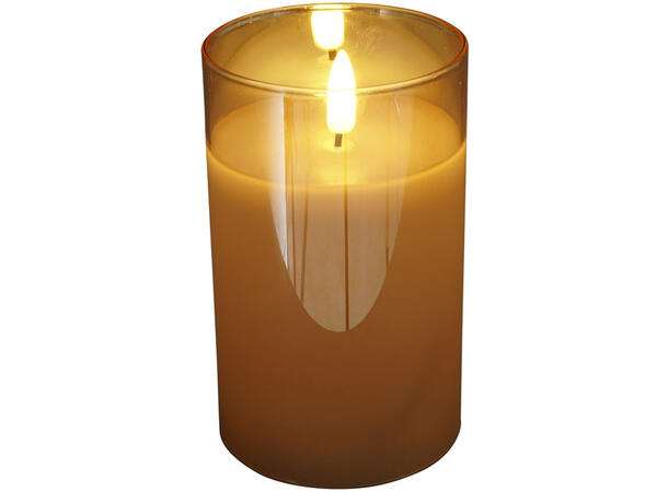Kubbelys LED i amber glass 7,5x7,5x12cm Batteri: 2xAA. Timer 5t på/19t av 