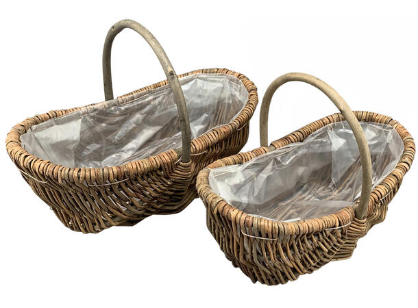 Kurv flettet brun m/hank plastikk s/2 Forpk 3 sett 30x20x10cm 35x25x12cm 