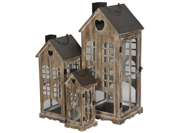 Lykt brunt trehus m/metall s/3 16x36,5cm 24x55cm 31,5x75cm 