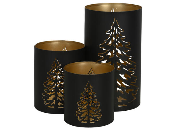 Lykt sort metall m/gull/juletre S/3 9,5x10cm 10,5x12cm 12x20cm 