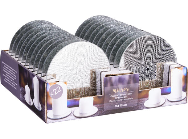 Lysfat sølv speil m/glitter 10cm Display 22 stk 