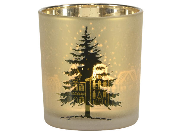 Lysglass gull/grønn m/juletre 7,5x8cm 