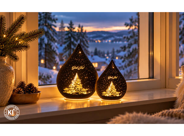 Lyslykt LED God Jul sort dråpe 16cm Batteri 3xAAA Timer 6/18t 15LED 