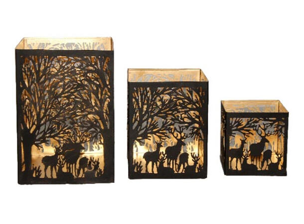 Lyslykt skog metall sort/gull 15x15x21cm 