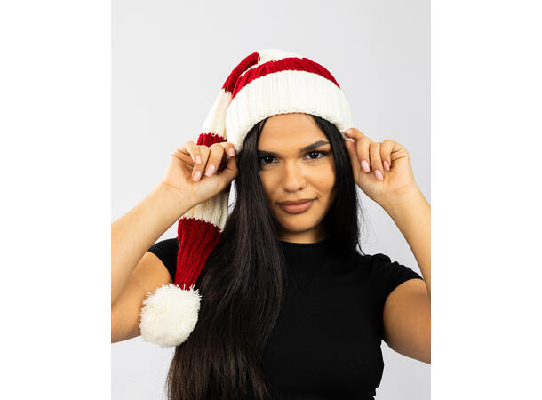 Nisselue ribbestrikket Hvit m/rødt 65cm 