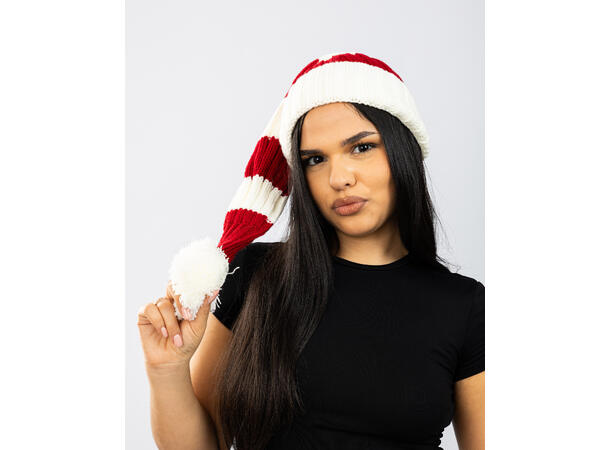 Nisselue ribbestrikket Hvit m/rødt 65cm 