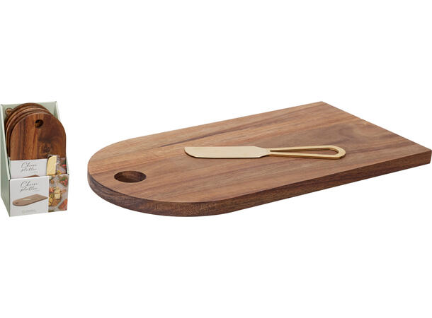 Ostebrett akasie 20,5x22cm Ostekniv gull 13,5 cm Display med 6 stk 